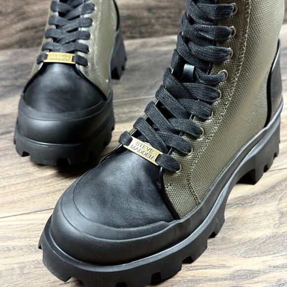 NIB Steve Madden Matriarch Leather Mixed Media Ankle Combat Boots Olive Multi 8M - Picture 4 of 10